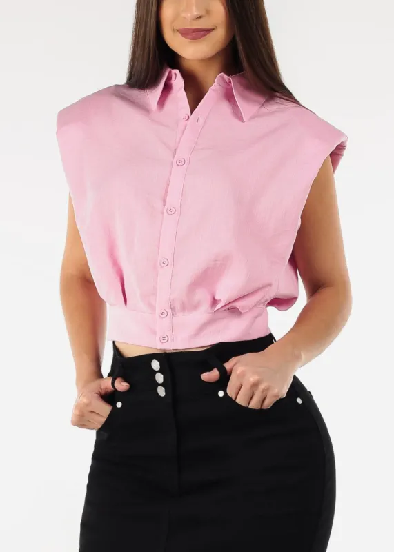 Padded Shoulders Button Up Top Pink sold by Moda