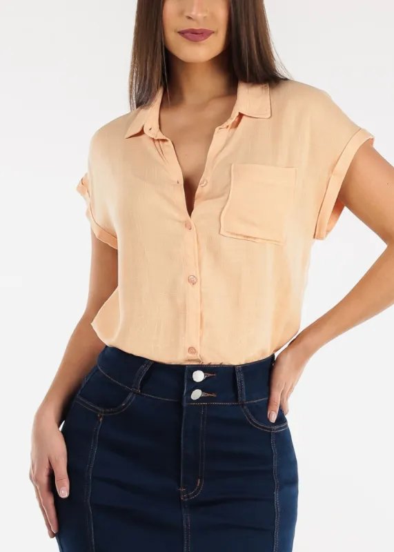 Cap Sleeve Button Down Woven Shirt Light Peach sold by Moda