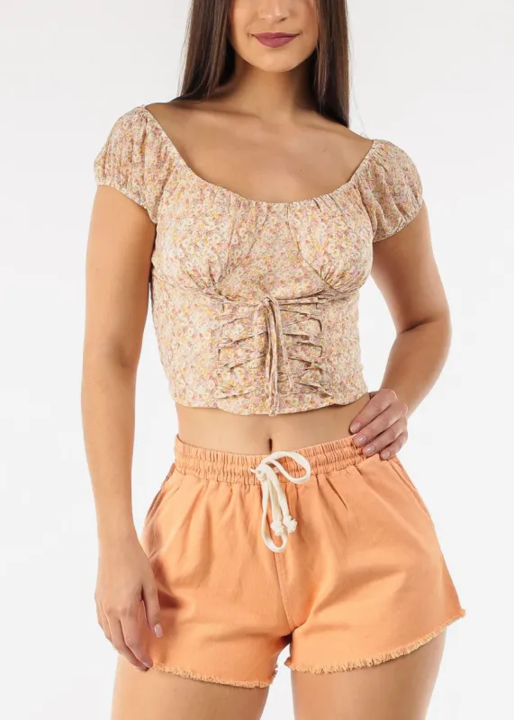 Off Shoulder Lace Up Floral Top Taupe sold by Moda