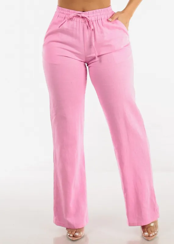 Pink Drawstring Waist Wide Leg Linen Pants sold by Moda