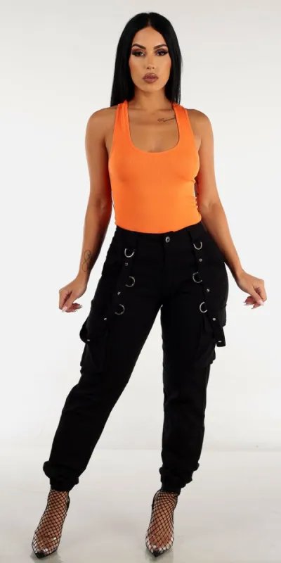 High Waisted Black Jogger Pants with Orange Seamless Racerback Tank Top sold by Moda