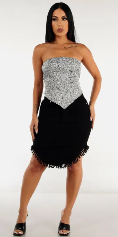 Fringe Hem Black Denim Mini Skirt with Satin Blue Printed Bandana Crop Top sold by Moda