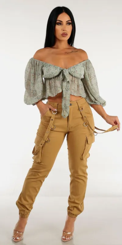High Waist Khaki Jogger Pants with Sage Off Shoulder Tie Front Floral Crop Top sold by Moda