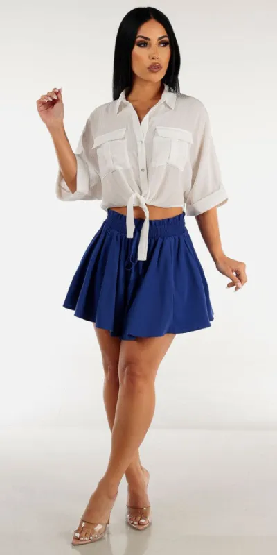 High Rise Paperbag Royal Blue Flared Shorts with Tie Front White Button Up Cropped Shirt sold by Moda