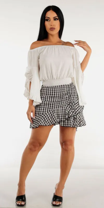 High Rise Checkered Ruffle Mini Skirt with White Off Shoulder Ruffle Sleeve Smocked Top sold by Moda