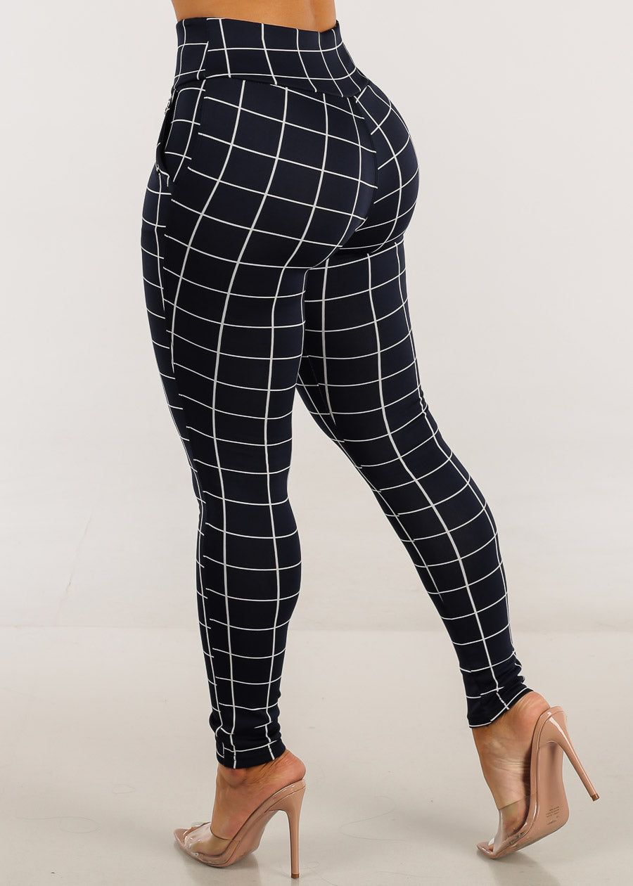 High Waisted Navy Windowpane Skinny Pants sold by Moda