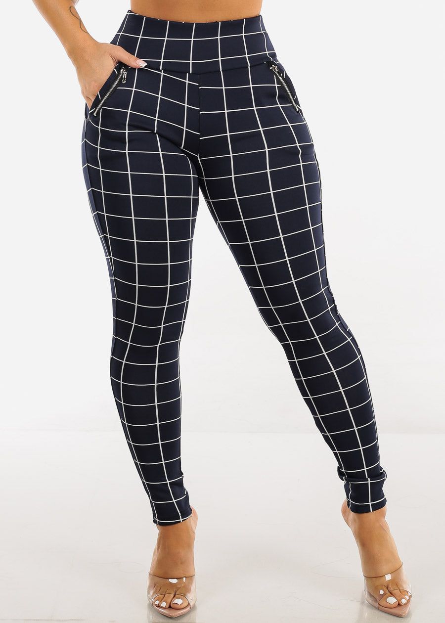 High Waisted Navy Windowpane Skinny Pants sold by Moda product image thumbnail 2