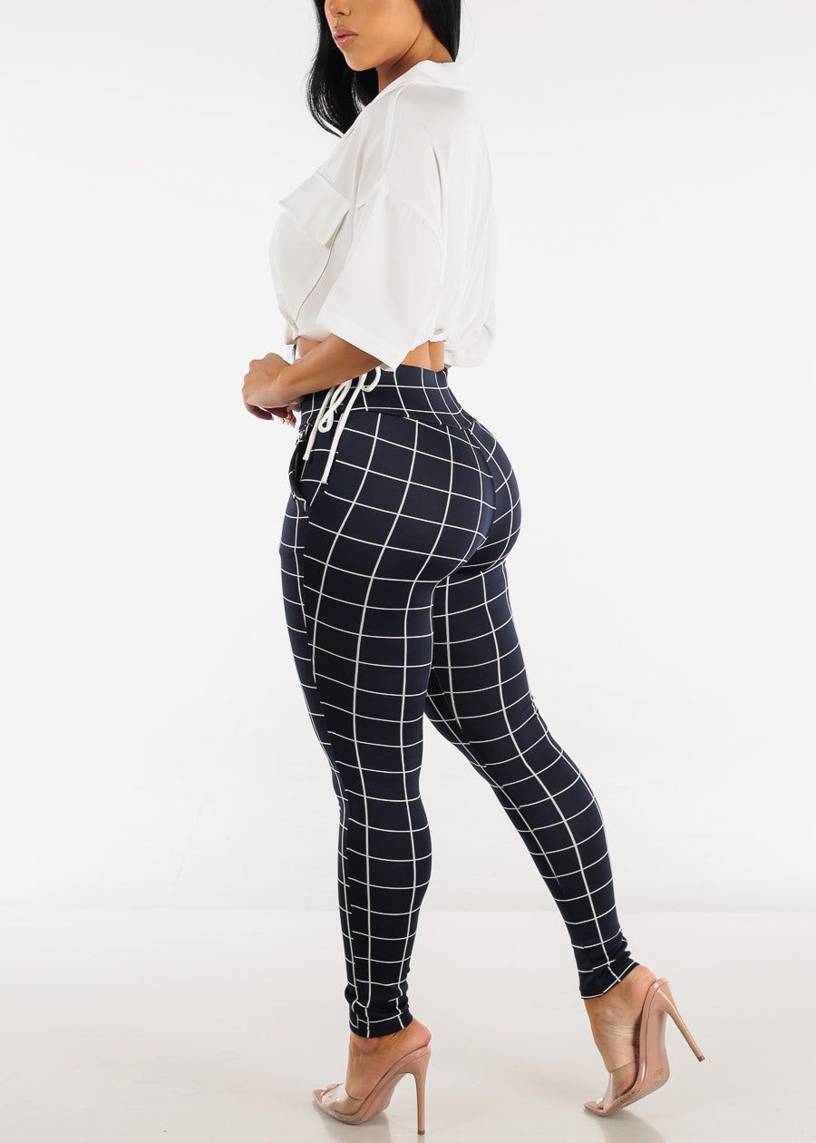 High Waisted Navy Windowpane Skinny Pants sold by Moda product image thumbnail 5