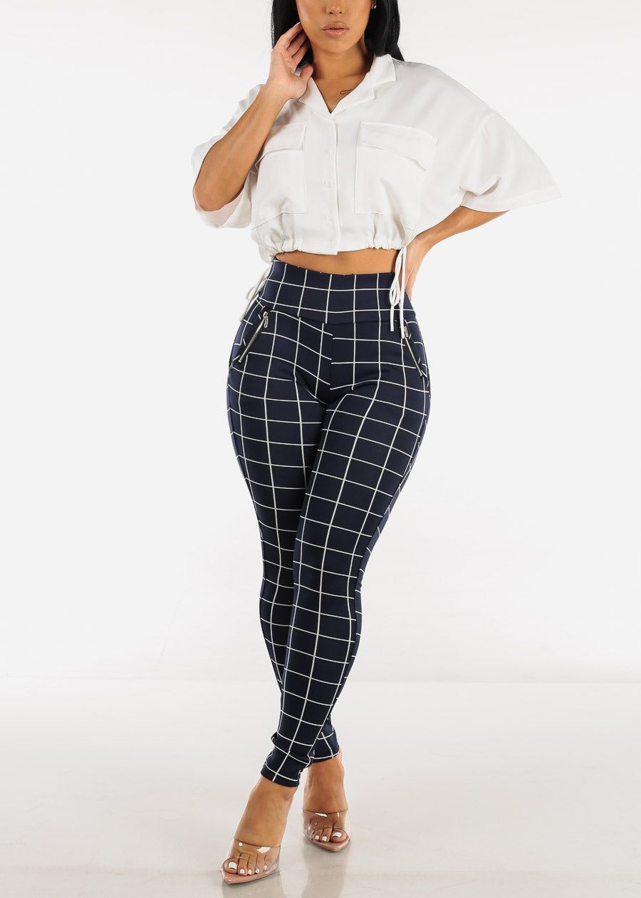 High Waisted Navy Windowpane Skinny Pants sold by Moda product image thumbnail 3