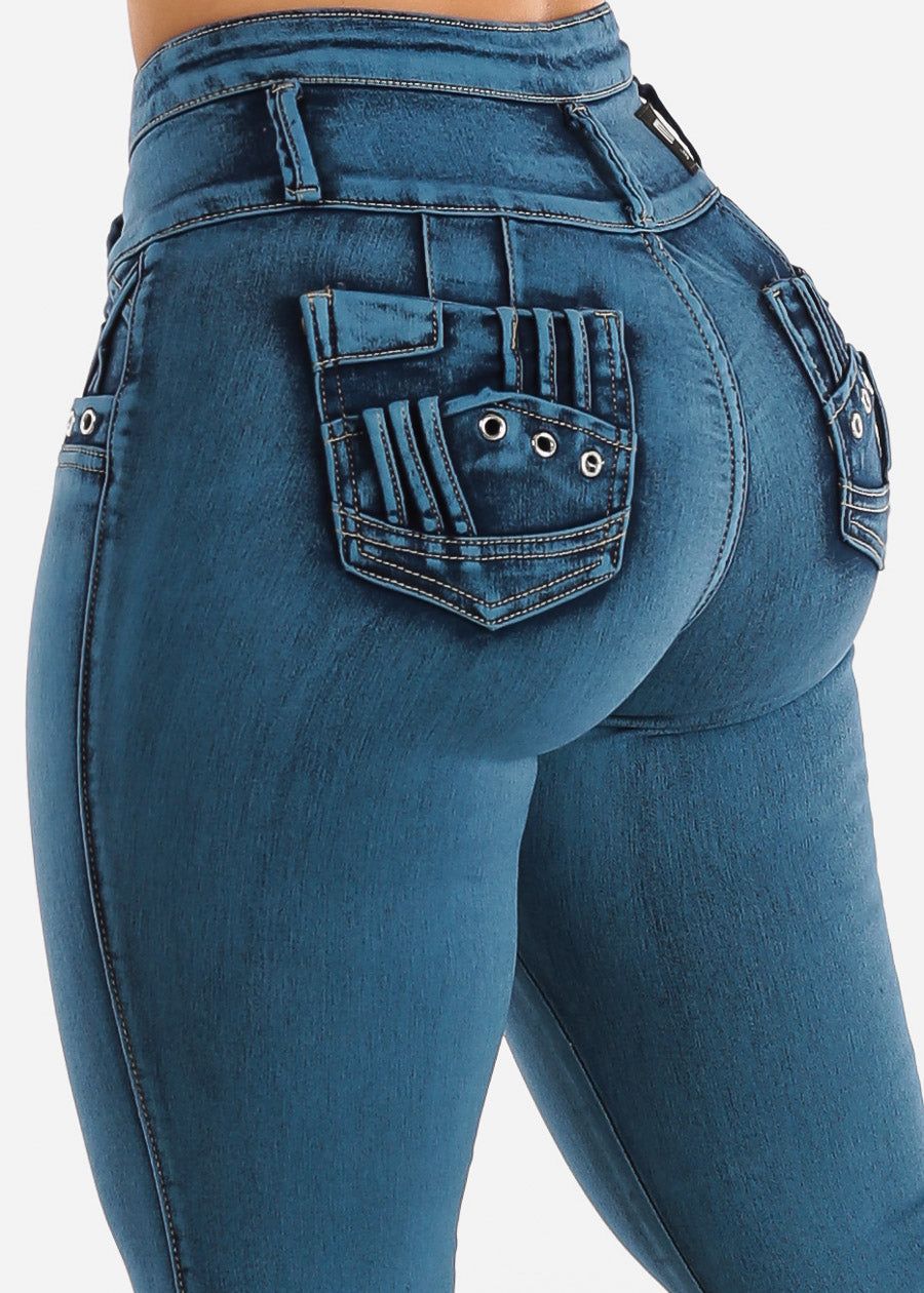 MX JEANS Butt Lifting Acid Wash Blue Skinny Jeans sold by Moda