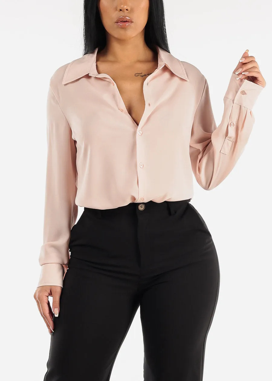 Chiffon Long Sleeve Collared Blouse Light Pink sold by Moda