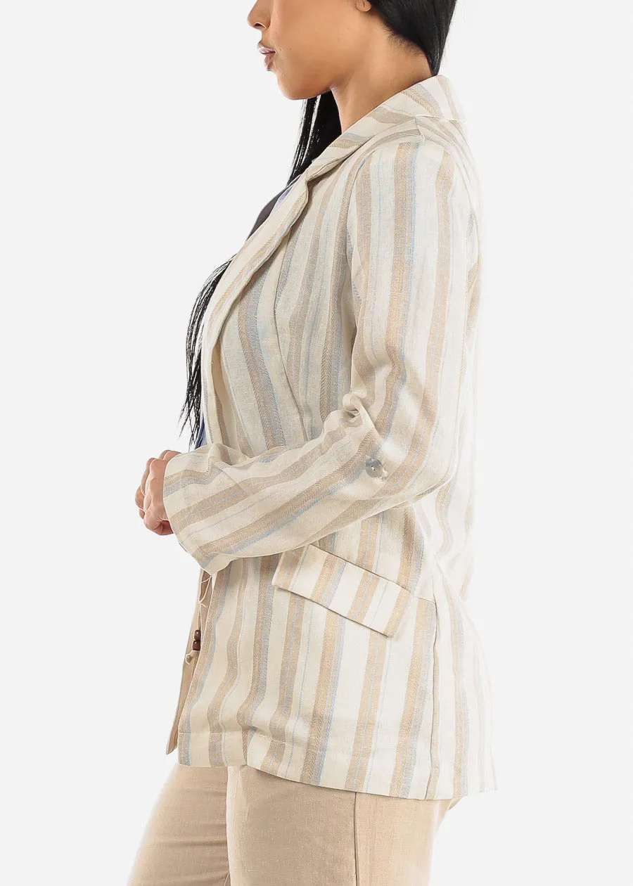 Linen Long Sleeve Open Front Stripe Blazer Ivory sold by Moda product image thumbnail 3