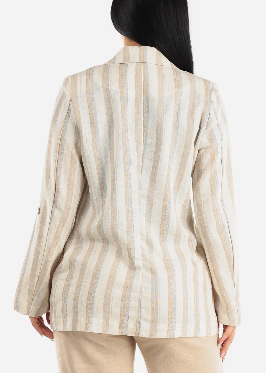 Linen Long Sleeve Open Front Stripe Blazer Ivory sold by Moda product image thumbnail 4