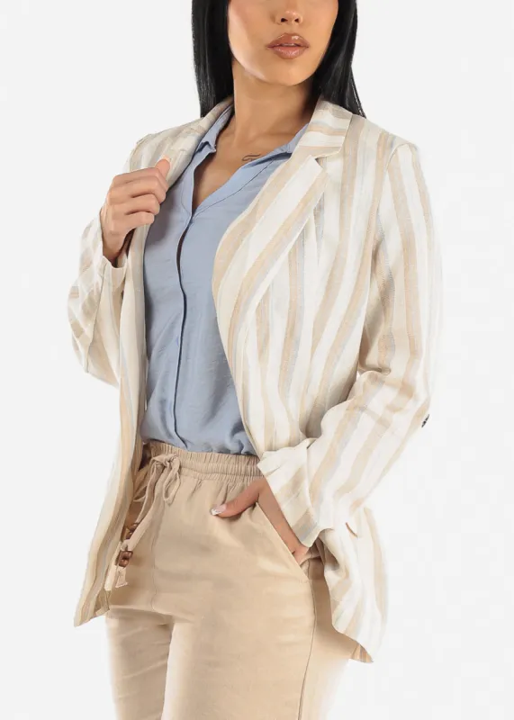 Linen Long Sleeve Open Front Stripe Blazer Ivory sold by Moda