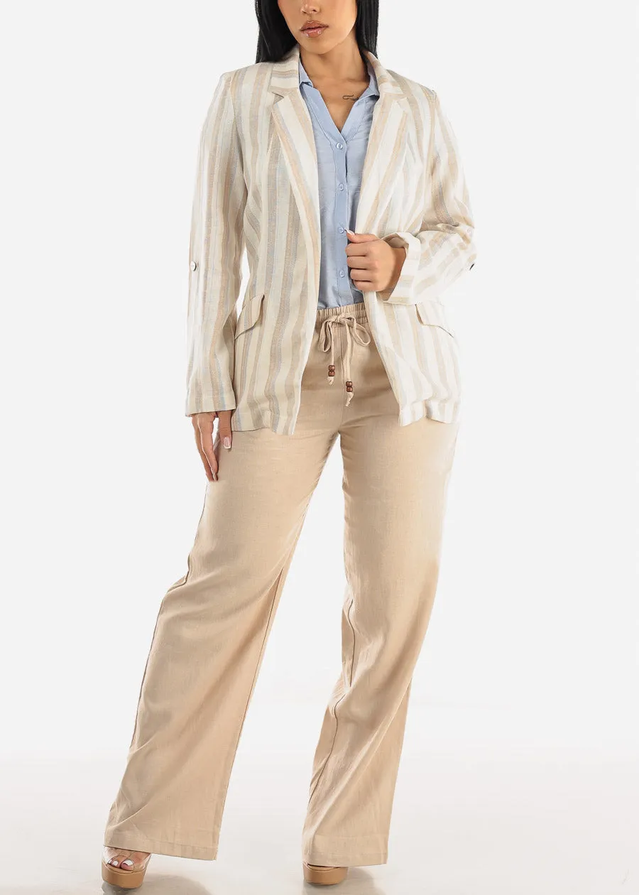 Linen Long Sleeve Open Front Stripe Blazer Ivory sold by Moda product image thumbnail 2
