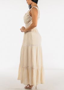 Sleeveless Smocked Waist Tiered Maxi Dress Beige sold by Moda