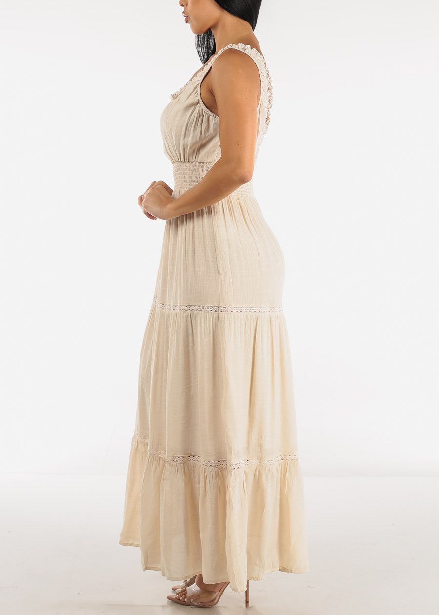 Sleeveless Smocked Waist Tiered Maxi Dress Beige sold by Moda product image thumbnail 2