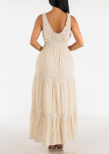 Sleeveless Smocked Waist Tiered Maxi Dress Beige sold by Moda