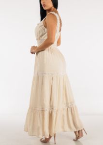 Sleeveless Smocked Waist Tiered Maxi Dress Beige sold by Moda