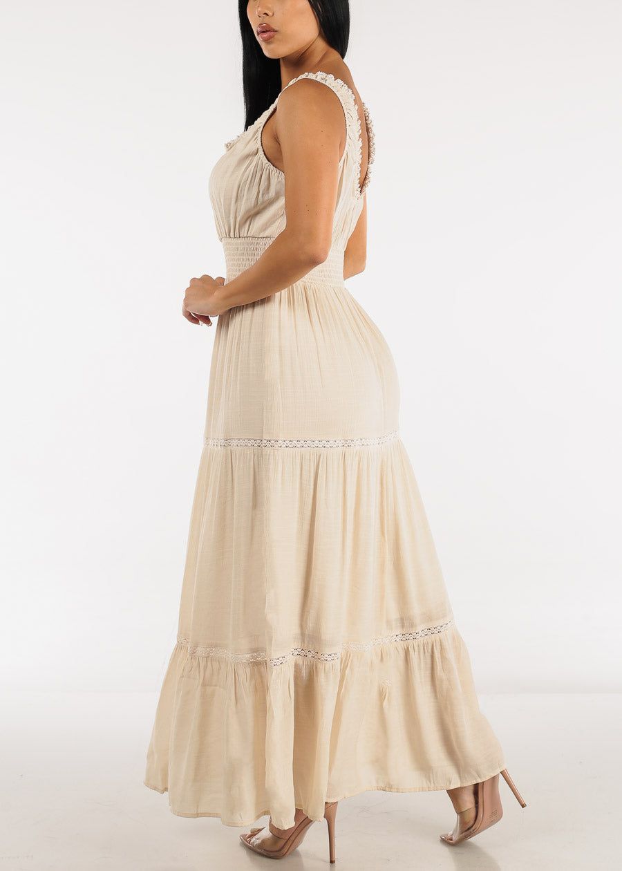 Sleeveless Smocked Waist Tiered Maxi Dress Beige sold by Moda product image thumbnail 4