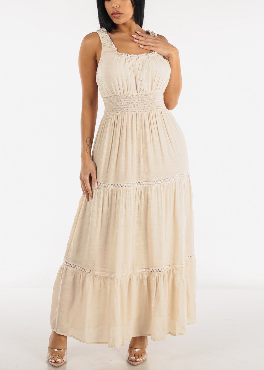 Sleeveless Smocked Waist Tiered Maxi Dress Beige sold by Moda