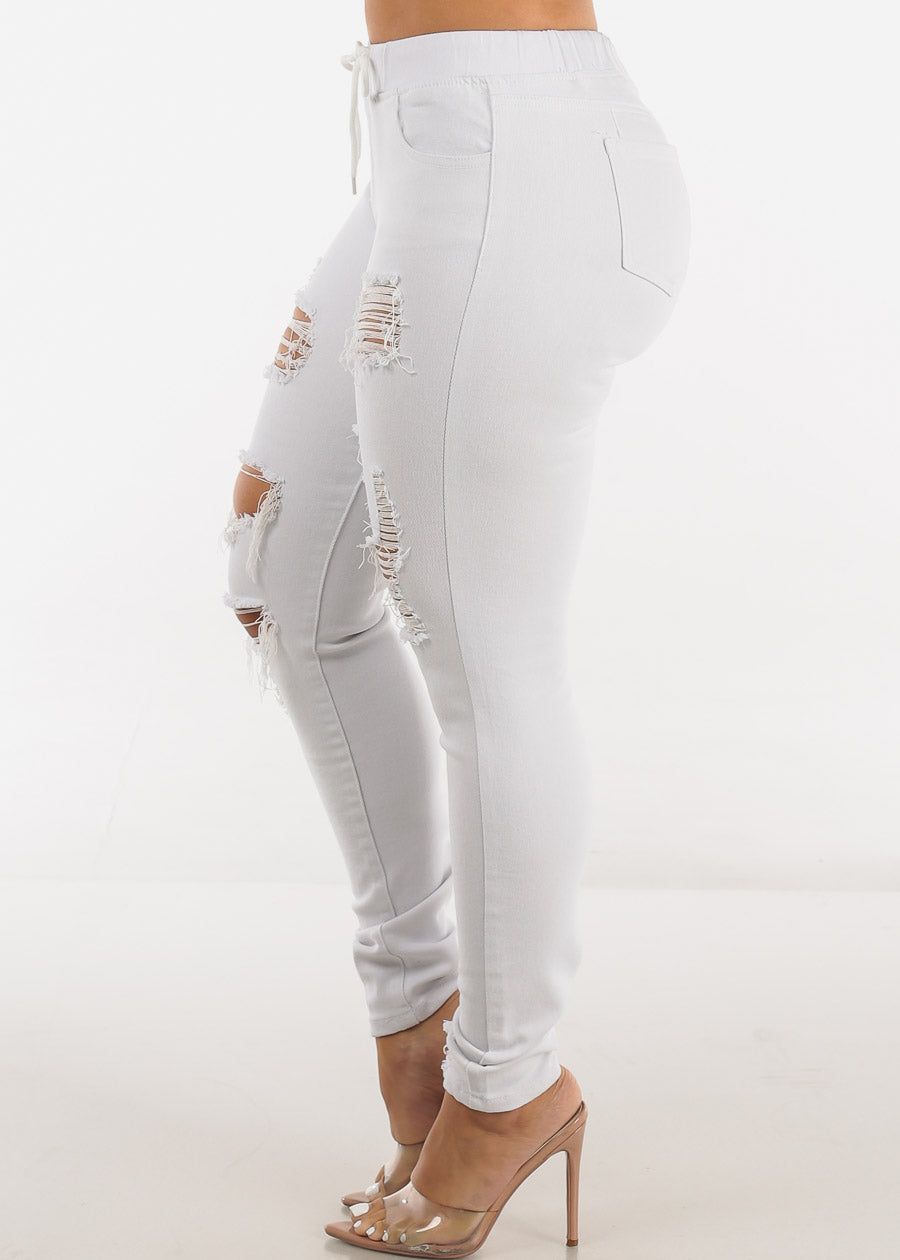 White Drawstring Waist Distressed Denim Skinny Jeans sold by Moda product image thumbnail 3