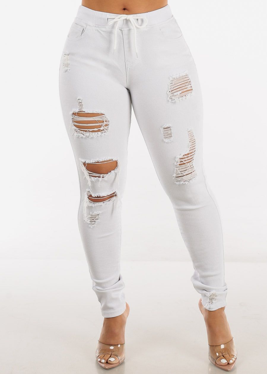 White Drawstring Waist Distressed Denim Skinny Jeans sold by Moda