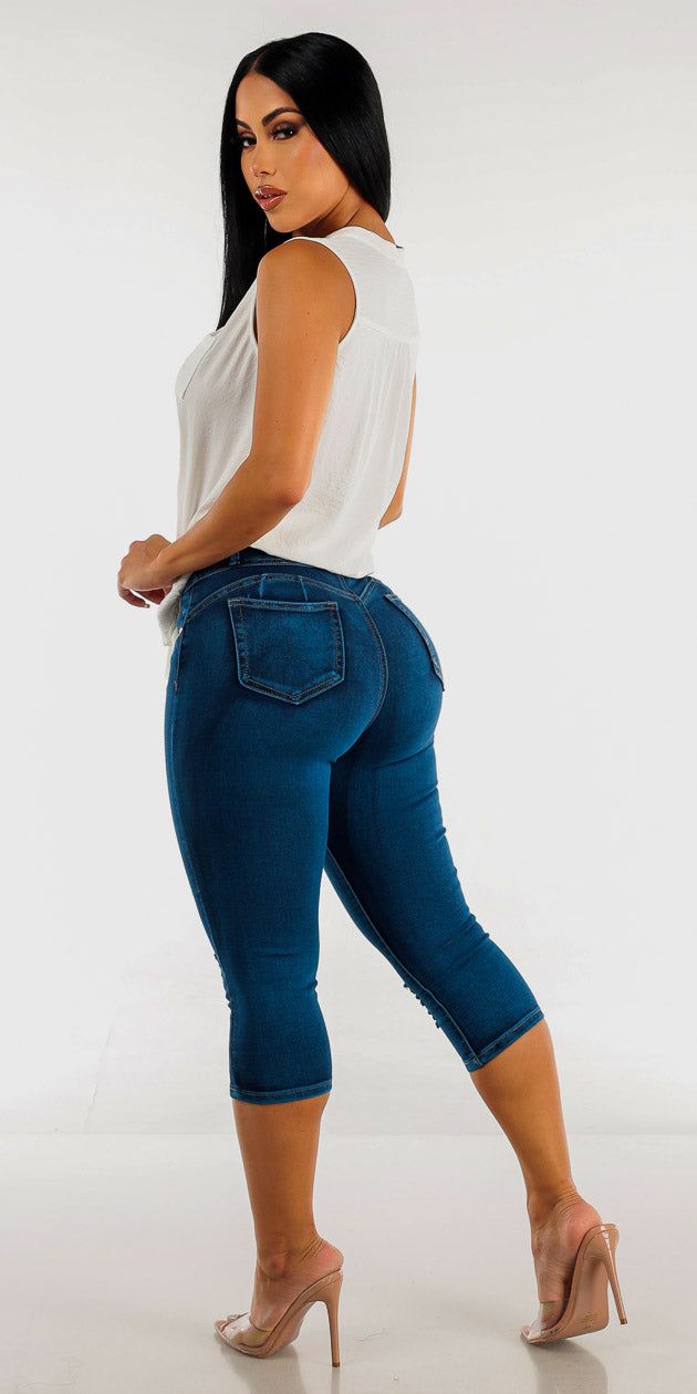 High Waisted Butt Lifting Torn Denim Capris with White Sleeveless Loose Hi Low Tunic sold by Moda product image thumbnail 2