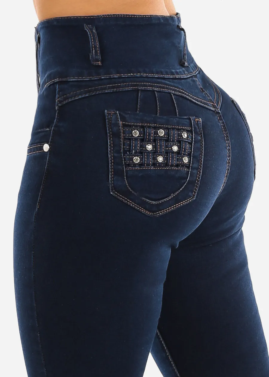 High Waisted Levantacola Dark Wash Skinny Jeans sold by Moda