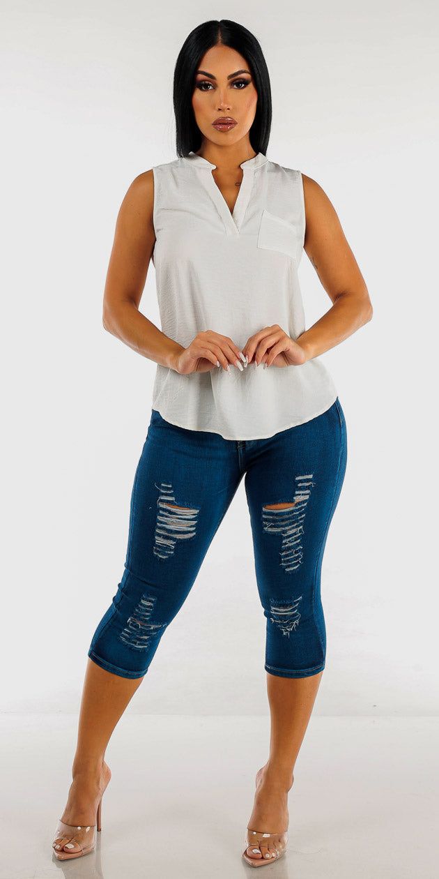 High Waisted Butt Lifting Torn Denim Capris with White Sleeveless Loose Hi Low Tunic sold by Moda