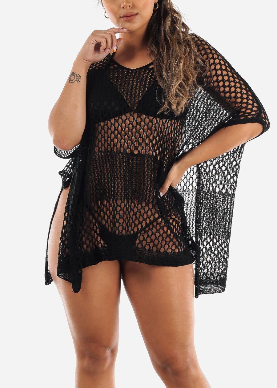 Hollow Out Crochet Cover Up Dress Black sold by Moda