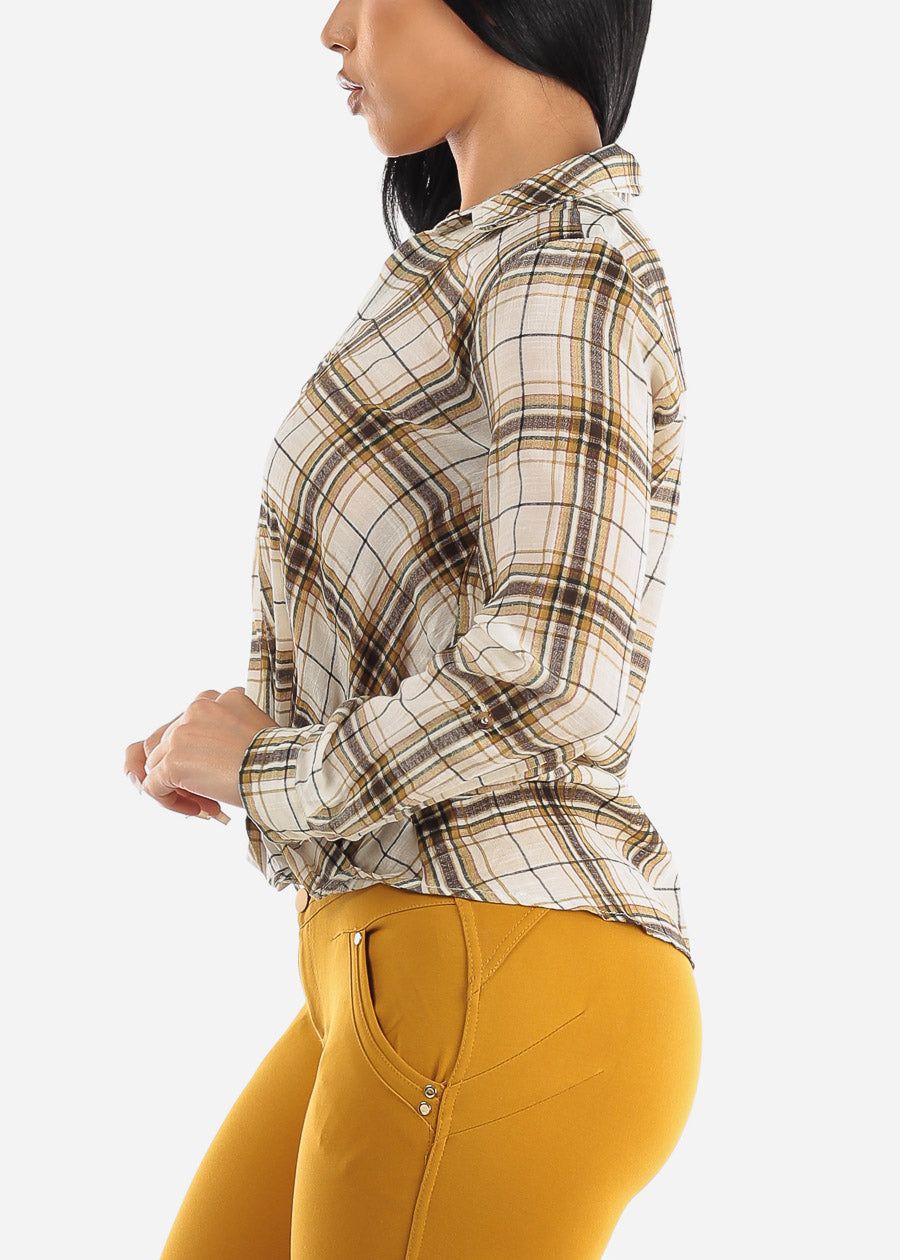 Button Up Twisted Front Roll Up Sleeve Shirt Mustard sold by Moda product image thumbnail 3