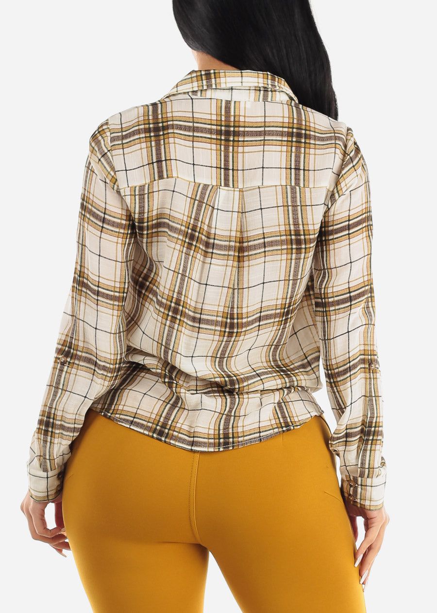 Button Up Twisted Front Roll Up Sleeve Shirt Mustard sold by Moda product image thumbnail 4