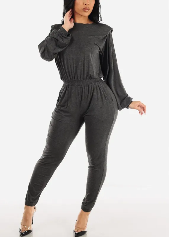 Long Sleeve Spandex Waist Skinny Jumpsuit Charcoal sold by Moda
