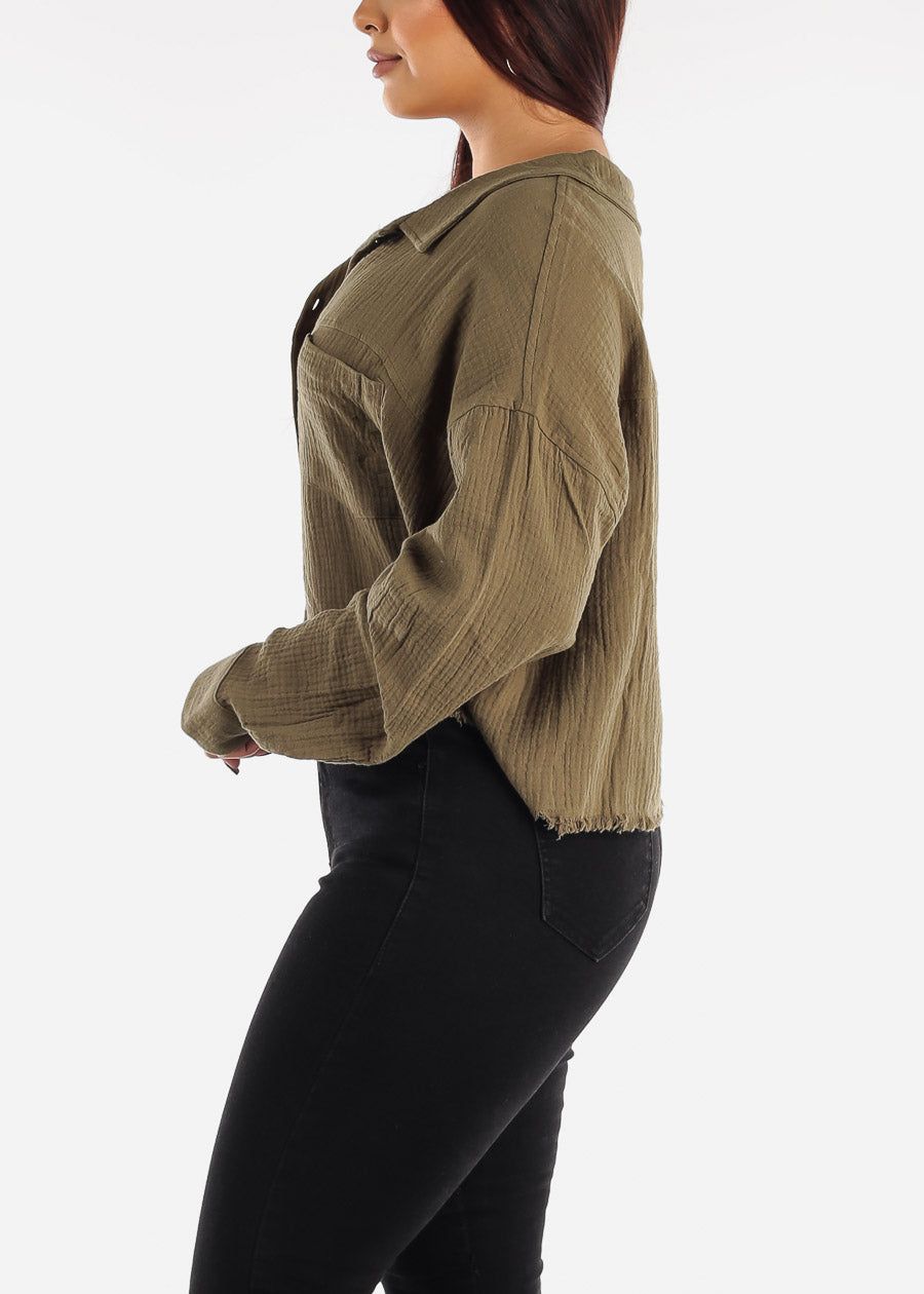 Button Up Loose Fit Cotton Shirt Olive sold by Moda product image thumbnail 3