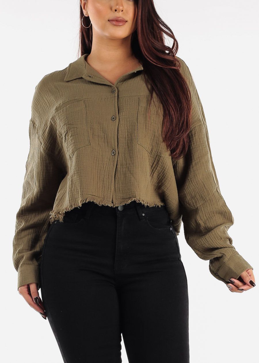 Button Up Loose Fit Cotton Shirt Olive sold by Moda