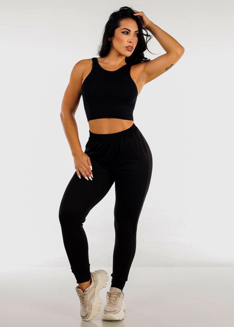 Black High Waist Joggers with Matching Crop Top (2 PCE SET) sold by Moda