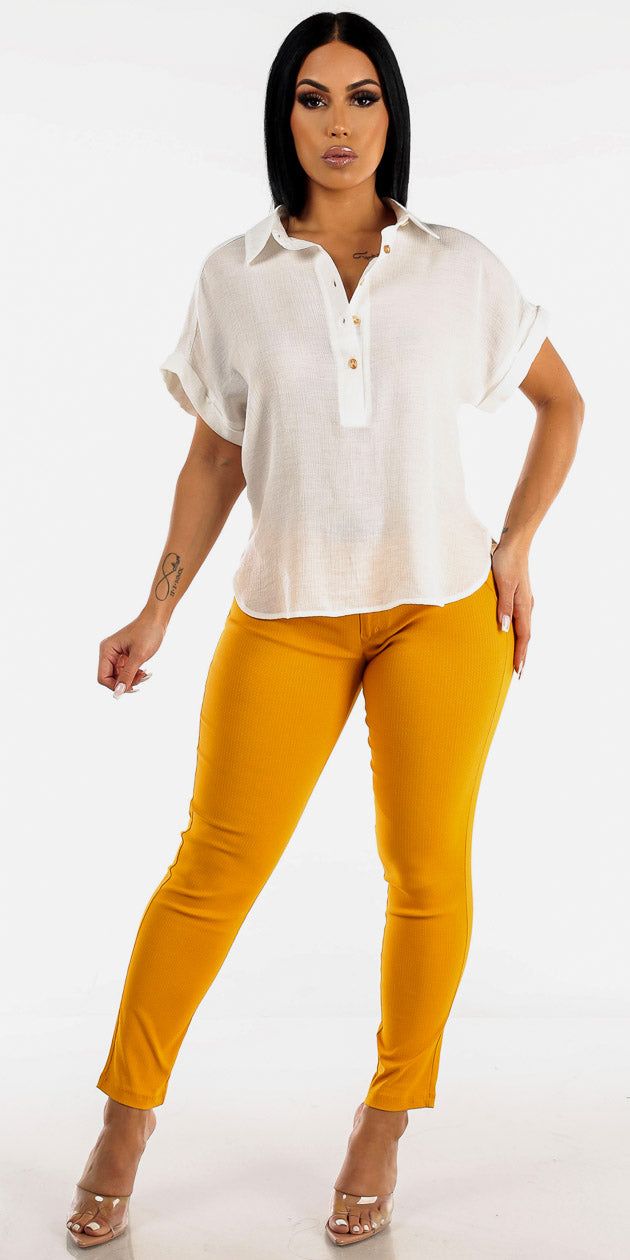 Mid Rise Yellow Polka Dot Skinny Pants with White Cap Sleeve Blouse sold by Moda product image thumbnail 3