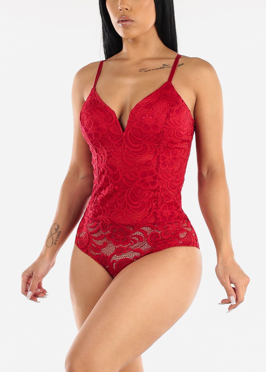 Sexy Floral Lace Vneck Red Bodysuit sold by Moda product image thumbnail 3