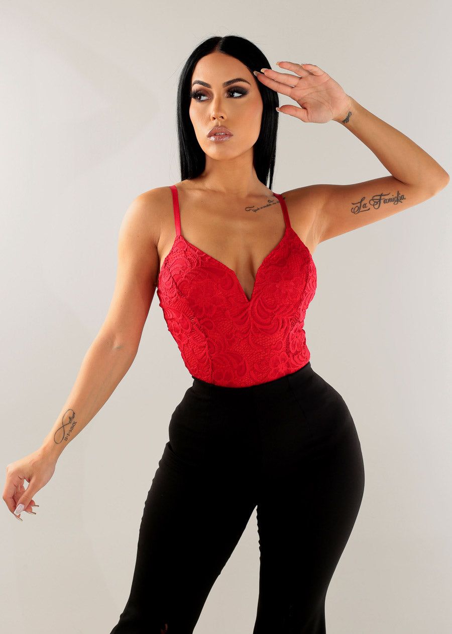Sexy Floral Lace Vneck Red Bodysuit sold by Moda