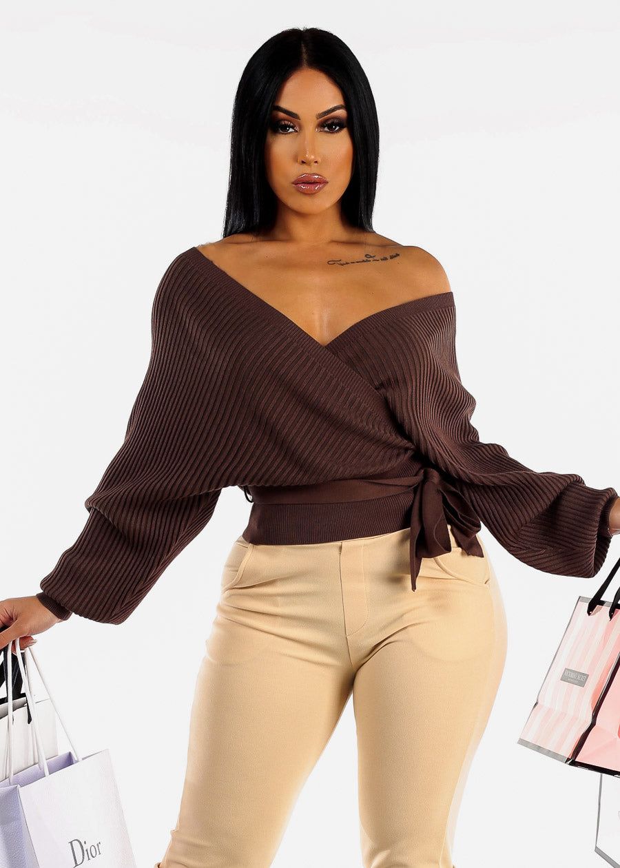 Long Sleeve Wrapped Sweater Brown sold by Moda