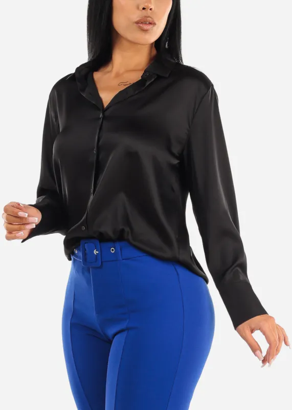 Satin Long Sleeve Button Down Collared Blouse Black sold by Moda