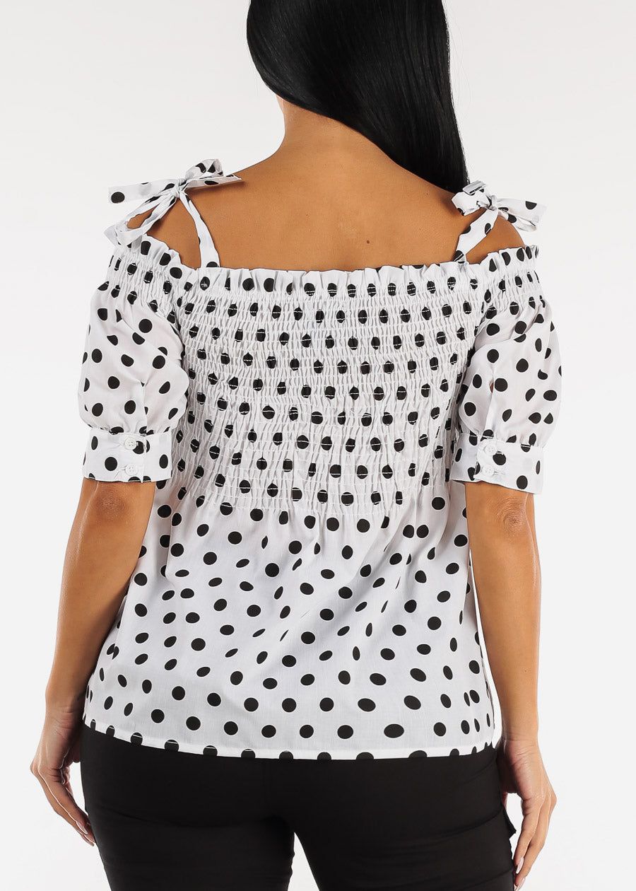White Cold Shoulder Smocked Polka Dot Blouse sold by Moda product image thumbnail 4
