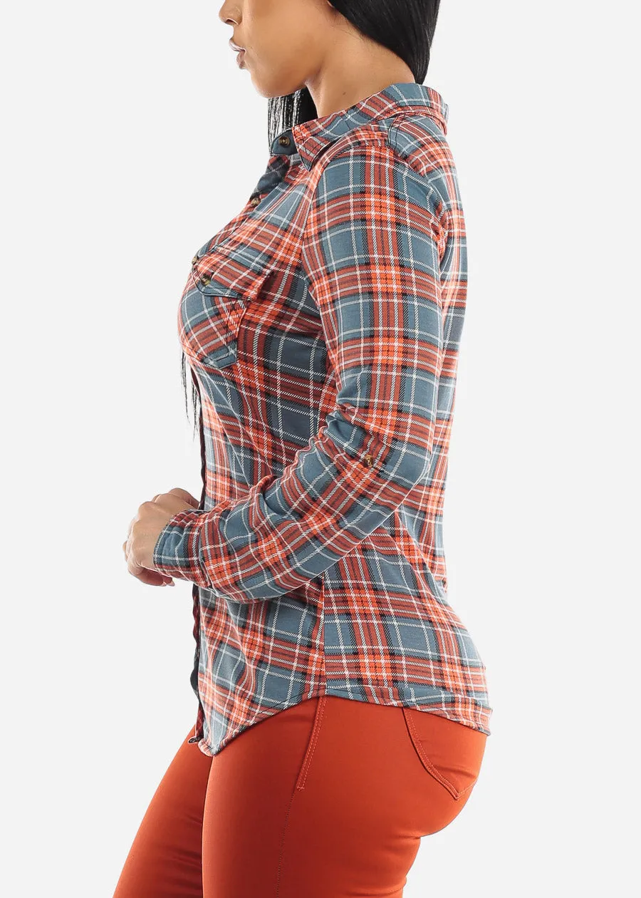 Long Sleeve Button Up Plaid Shirt Orange & Slate Blue sold by Moda product image thumbnail 3