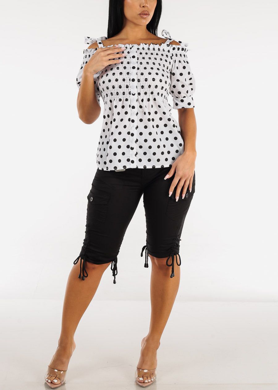 White Cold Shoulder Smocked Polka Dot Blouse sold by Moda product image thumbnail 2