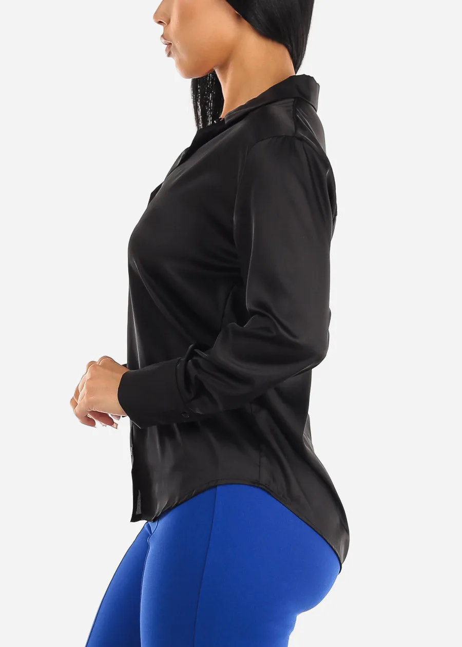 Satin Long Sleeve Button Down Collared Blouse Black sold by Moda product image thumbnail 3