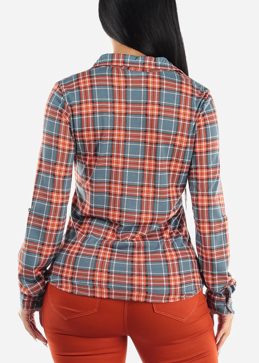 Long Sleeve Button Up Plaid Shirt Orange & Slate Blue sold by Moda product image thumbnail 4