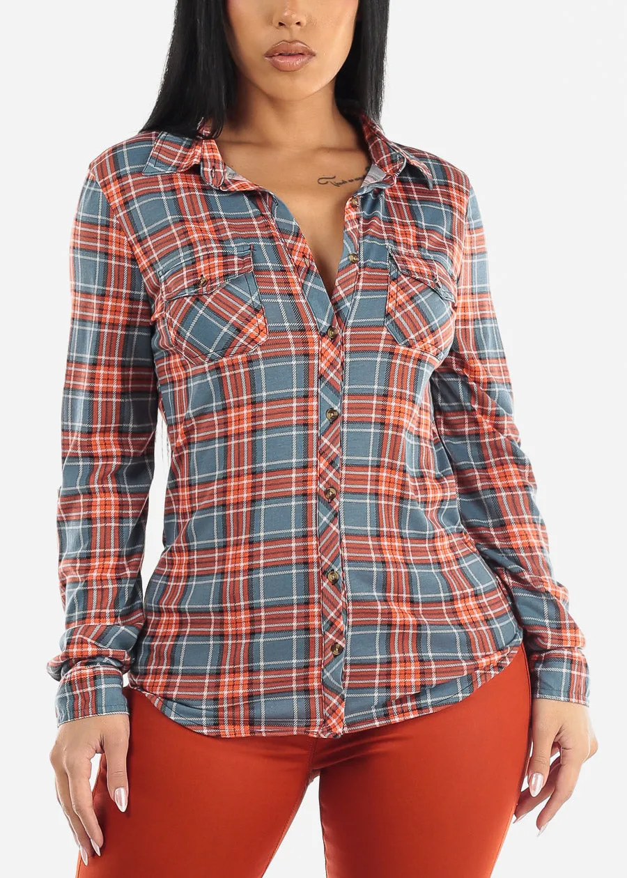 Long Sleeve Button Up Plaid Shirt Orange & Slate Blue sold by Moda