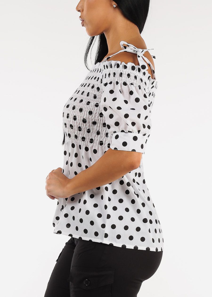White Cold Shoulder Smocked Polka Dot Blouse sold by Moda product image thumbnail 3