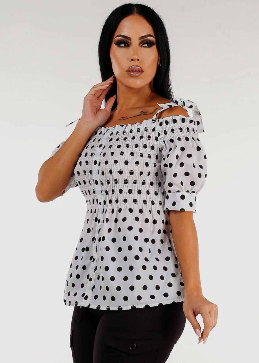 White Cold Shoulder Smocked Polka Dot Blouse sold by Moda